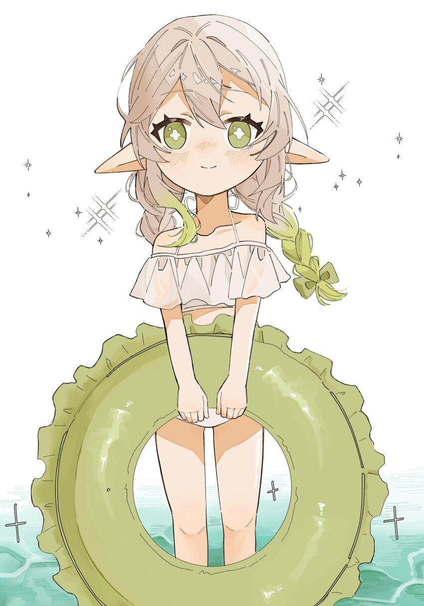1girl absurdres alternate_costume alternate_hair_color alternate_hairstyle bare_shoulders bikini blush bow braid feet_out_of_frame genshin_impact gradient_hair green_bow green_eyes green_hair green_innertube grey_hair hair_between_eyes hair_bow hashtag-only_commentary highres holding holding_swim_ring innertube kumane_(osakanadonn) looking_at_viewer multicolored_hair nahida_(genshin_impact) off-shoulder_bikini off_shoulder panties smile solo sparkle sparkling_aura standing swim_ring swimsuit symbol-shaped_pupils twin_braids underwear water white_background white_bikini white_panties