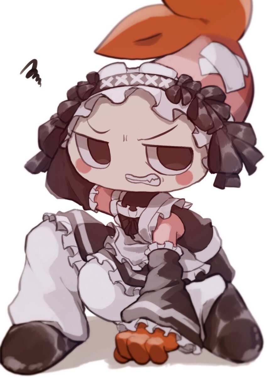 1boy angry apron black_dress black_eyes black_shoes blush blush_stickers bow chibi chibi_only crossed_bandaids dandy&#039;s_world detached_sleeves dress frilled_apron frilled_dress frilled_sleeves frills furrowed_brow highres k2s2kv maid maid_apron maid_headdress pants roblox sharp_teeth shoes shrimp shrimpo_(dandy&#039;s_world) teeth white_pants