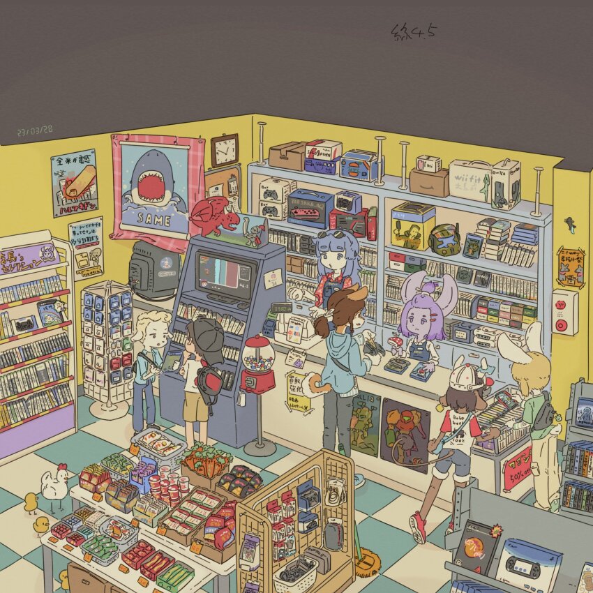2boys 5girls analog_clock animal_ears backpack backwards_hat bag bag_of_chips bammie_usanoda bird black_hair black_hat blonde_hair blue_hair box brand_name_imitation brown_hair cardboard_box cash_register checkered_floor chick chicken clock commentary_request controller cow_horns cow_tail cyberpunk_(series) cyberpunk_2077 dvd_case eyewear_on_head floor furry furry_female furry_male game_cartridge game_console game_controller gamecube gift_card gumball_machine hair_ornament hairclip handheld_game_console hat highres holding holding_wallet horns indoors loaded_interior metroid multiple_boys multiple_girls nintendo original pants playstation_vita ponytail poster_(object) purple_hair rabbit_ears samus_aran sega_dreamcast sega_saturn shoes shop shorts shoulder_bag tail television topknot video_game wallet wii_fit xbox_360