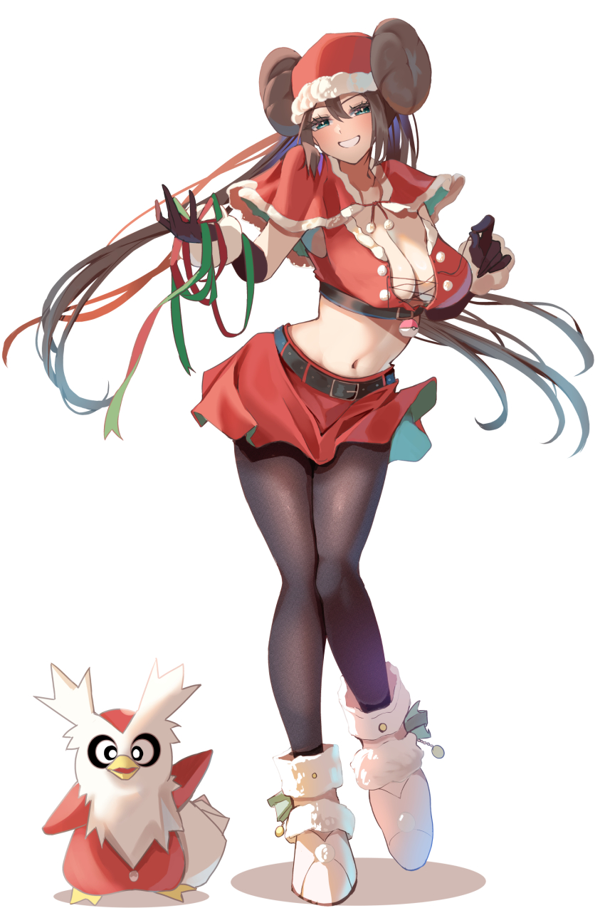 alternate_costume breasts brown_hair delibird donut_hair_bun gen_2_pokemon hair_bun highres large_breasts momdy_(talesshinja) nintendo pokemon pokemon_(creature) pokemon_bw2 rosa_(pokemon)