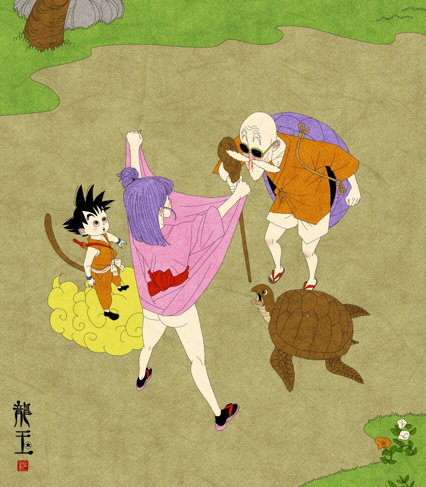 1girl 2boys absurdres artist_logo ass black_hair bulma clothes_lift commentary dragon_ball dragon_ball_(classic) dress dress_lift fine_art_parody grass highres logo monkey_tail multiple_boys muten_roushi nihonga no_panties obi orange_dougi outdoors parody purple_dress purple_hair road sandals sash scene_reference sei5osuzuki son_goku spiked_hair style_parody sunglasses tail turtle ukiyo-e xiangyun