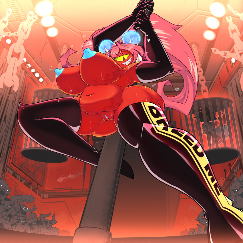 2girls absurdres ass baron_of_hell black_boots black_eyes black_gloves blue_nipples body_freckles boots borrowed_character cacodemon cage clothes_writing colored_nipples colored_sclera colored_skin commentary cookie_demon_(robotjoe) crowd cyclops demon demon_girl demon_horns demon_tail doom_(series) doom_eternal doom_hunter elbow_gloves freckles fuck-me_clothes gloves green_sclera grin hair_bobbles hair_ornament heart heart-shaped_pupils highres horns imp_(doom) indoors lolcats looking_at_viewer meme money multiple_girls navel nedm_(meme) nipples nude one-eyed personification pink_hair pinky_demon pole pole_dancing raised_fist red_skin sharp_teeth shoulder_spikes skull slit_pupils smile solo_focus spikes square_of_light stage_lights stripper_pole sunglasses sweat symbol-shaped_pupils tail teeth thigh_boots tusks twintails uncensored variant_set