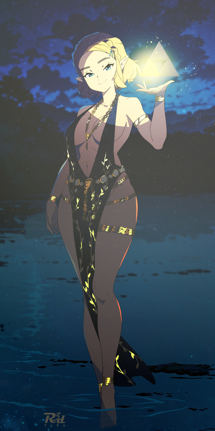 1girl alternate_costume anklet armlet artist_logo artist_name barefoot blonde_hair bracelet braid breasts cleavage cosplay dress elden_ring evening_gown glowing gold_armlet gold_bracelet gold_necklace gold_thighlet highres jewelry large_breasts light_particles logo long_legs necklace nintendo pointy_ears princess_zelda queen_marika_the_eternal queen_marika_the_eternal_(cosplay) r3dfive seductive_smile short_hair smile solo the_legend_of_zelda the_legend_of_zelda:_tears_of_the_kingdom thighlet thighs triforce wading