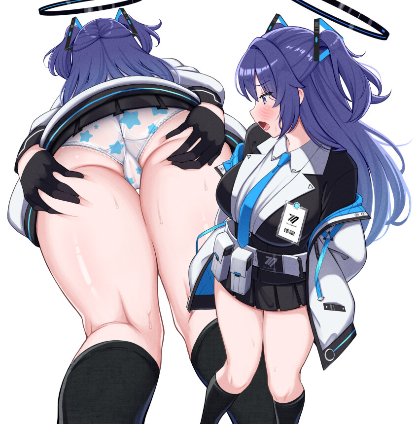 ass belt black_gloves black_halo black_jacket black_skirt black_socks blazer blue_archive blue_eyes blue_necktie cameltoe coat collared_shirt commentary_request commission gloves grabbing_own_ass hair_ornament halo highres jacket long_sleeves mechanical_halo multiple_views necktie nekojima open_mouth panties pleated_skirt print_panties purple_hair see-through_clothes see-through_panties shirt simple_background skeb_commission skirt socks standing star_(symbol) star_panties star_print thighs two_side_up underwear white_background white_coat white_panties white_shirt yuuka_(blue_archive)