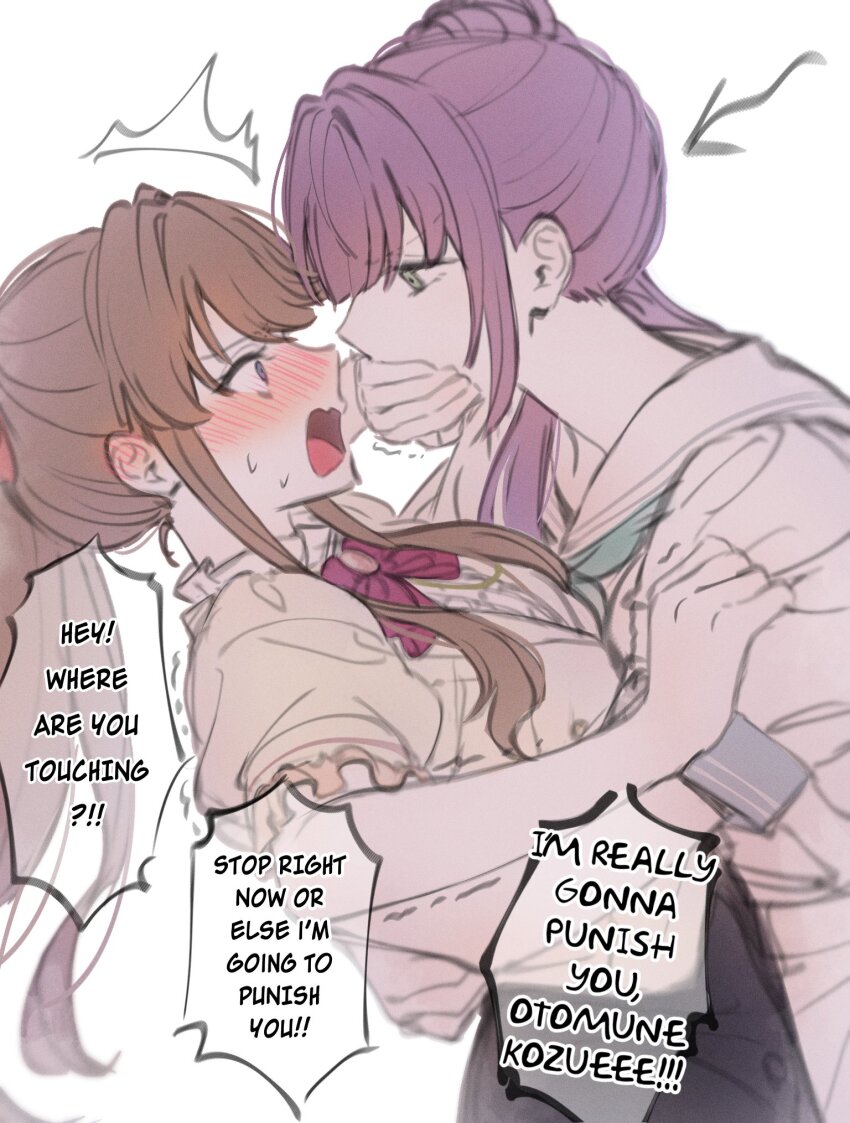 2girls ^^^ aqua_neckerchief arrow_(symbol) assertive_female black_skirt blue_dress blush bow bowtie brown_hair center_frills commentary covering_another&#039;s_mouth dress english_text eye_contact frilled_sleeves frills fujishima_megumi green_eyes hair_bun hand_over_another&#039;s_mouth hasu_no_sora_school_uniform highres jacket link!_like!_love_live! lone_nape_hair long_hair looking_at_another love_live! multiple_girls neckerchief nose_blush official_alternate_costume official_alternate_hairstyle open_mouth oshiete_teacher_(love_live!) otomune_kozue ponytail puffy_short_sleeves puffy_sleeves purple_eyes purple_hair red_bow red_bowtie rejection sailor_collar sailor_dress school_uniform shirt short-sleeved_jacket short_sleeves side_ponytail sidelocks single_side_bun skirt speech_bubble summer_uniform teacher_and_student trembling upper_body virtual_youtuber white_jacket white_sailor_collar white_shirt yuri zenma_trang