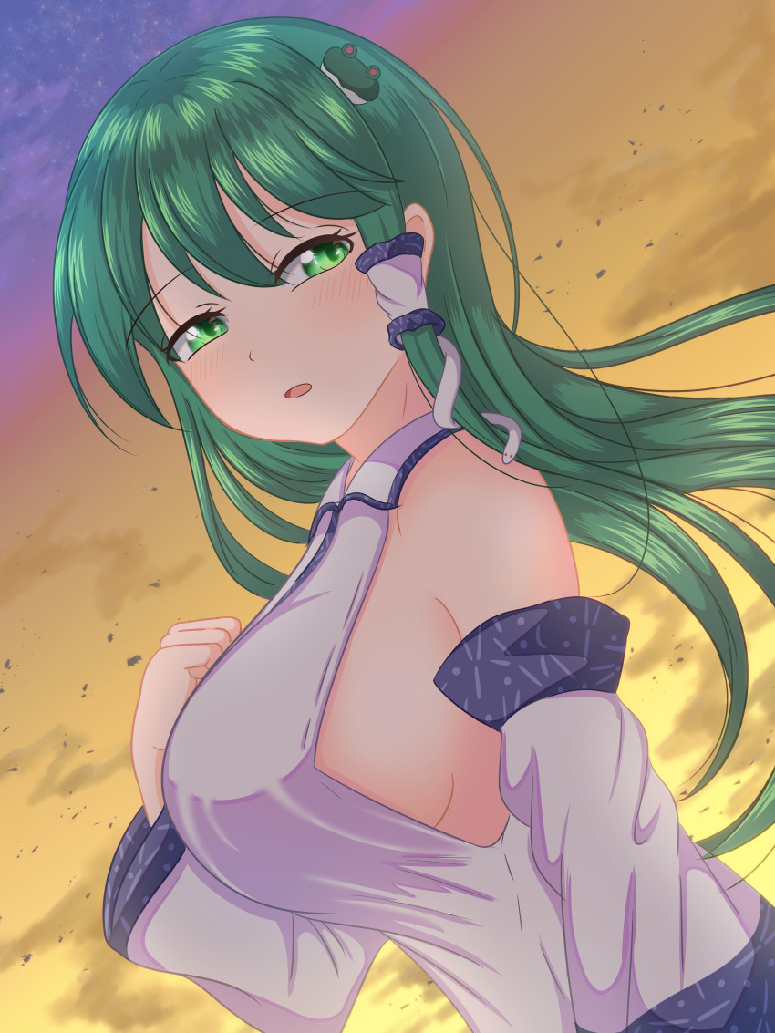 1girl absurdres baketsumuri blush breasts detached_sleeves dusk frog_hair_ornament from_side green_eyes green_hair hair_ornament highres kochiya_sanae large_breasts long_hair looking_at_viewer looking_to_the_side open_mouth orange_sky outdoors shirt sky sleeveless sleeveless_shirt snake_hair_ornament touhou twilight upper_body white_shirt