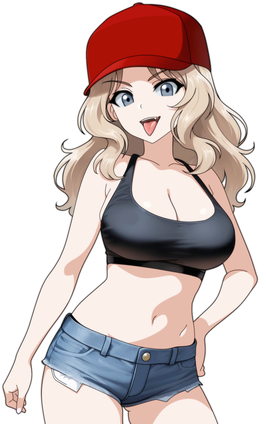 1girl :d baseball_cap black_tank_top blonde_hair blue_eyes breasts cleavage denim denim_shorts devil_jone_qrit girls_und_panzer hand_on_own_hip hat highres kay_(girls_und_panzer) large_breasts long_hair looking_at_viewer midriff navel open_mouth red_hat short_shorts shorts simple_background smile solo stomach tank_top tongue tongue_out transparent_background