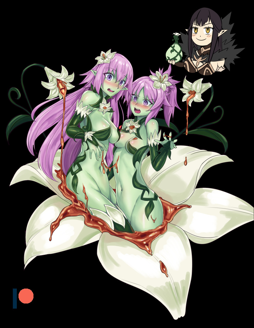 3girls absurdly_long_hair absurdres alraune bare_shoulders black_dress black_hair blush braid breasts bridal_gauntlets colored_skin commentary cowboy_shot dress elbow_gloves embarrassed english_commentary eyes_visible_through_hair fate/apocrypha fate_(series) french_braid fur_trim gloves green_skin hair_between_eyes highres ibenz009 jeanne_d&#039;arc_(fate) jeanne_d&#039;arc_(ruler)_(fate) liliraune_(monster_girl_encyclopedia) long_hair looking_at_viewer medium_breasts monster_girl monster_girl_encyclopedia monster_girl_encyclopedia_ii monsterification mordred_(fate) mordred_(fate/apocrypha) multiple_girls navel nectar open_mouth patreon_logo patreon_username plant_girl pointy_ears ponytail purple_eyes purple_hair purple_skirt semiramis_(fate) simple_background skirt small_breasts spikes stomach teeth thighhighs tongue transformation transparent_background upper_body very_long_hair watermark web_address white_background yellow_eyes yuri