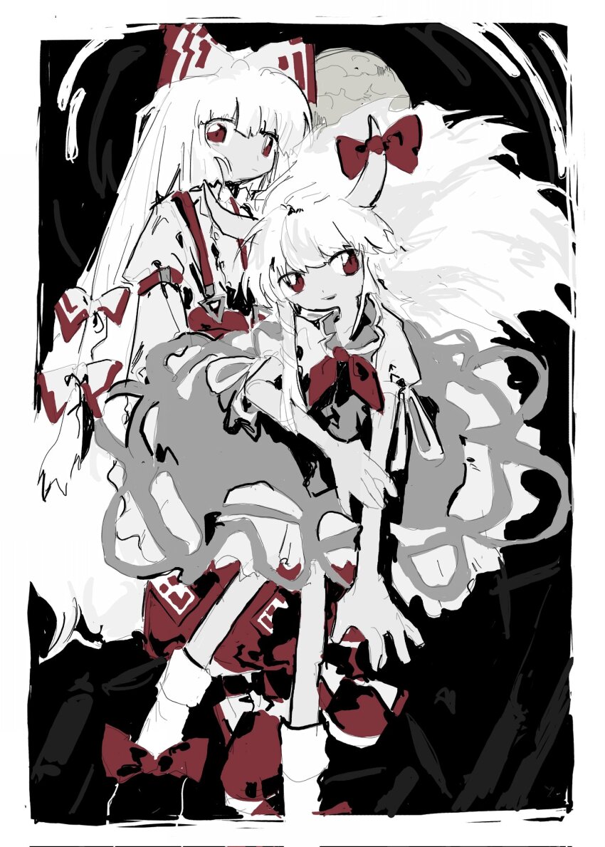 2girls bamboo bamboo_forest behind_another border dark_background ex-keine expressionless forest fujiwara_no_mokou full_body full_moon highres horns imperishable_night kamishirasawa_keine leaning_forward looking_at_viewer moon multiple_girls nature night smile spot_color standing standing_on_one_leg touhou white_border wngtlov