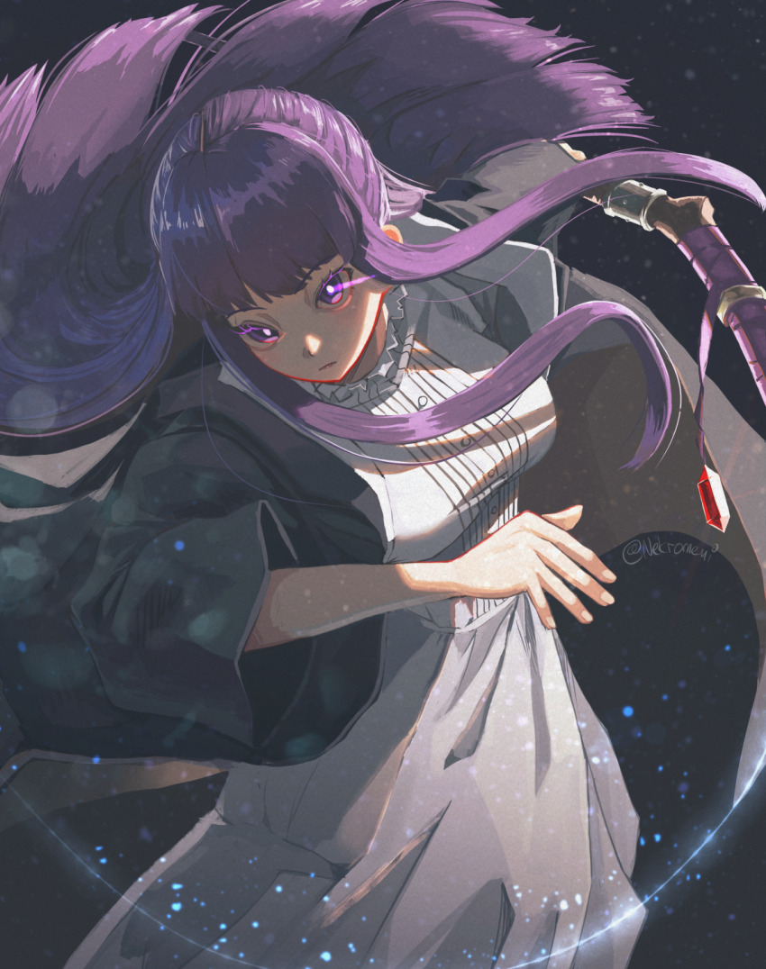 1girl artist_name black_background black_coat breasts bright_pupils closed_mouth coat collar collared_dress commentary_request dress expressionless eyelashes feet_out_of_frame fern_(sousou_no_frieren) floating_hair frilled_collar frills hands_up highres holding holding_staff large_breasts light_particles long_dress long_sidelocks long_sleeves mage_staff open_clothes open_coat outstretched_arm purple_eyes purple_hair serious sidelocks solo sousou_no_frieren staff traghetto turning_head watermark white_dress white_pupils wide_sleeves