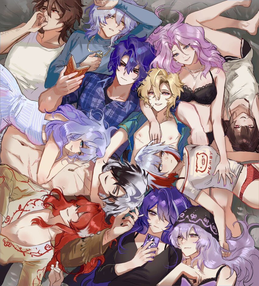 6+boys 6+girls acheron_(honkai:_star_rail) argenti_(honkai:_star_rail) aventurine_(honkai:_star_rail) black_swan_(honkai:_star_rail) boothill_(honkai:_star_rail) breasts cleavage commentary_request couple dr._ratio_(honkai:_star_rail) gallagher_(honkai:_star_rail) hair_over_one_eye highres honkai:_star_rail honkai_(series) jade_(honkai:_star_rail) korean_commentary large_breasts locked_arms long_hair long_sleeves lying multicolored_hair multiple_boys multiple_girls on_back purple_eyes purple_hair robin_(honkai:_star_rail) shirt short_hair short_sleeves sparkle_(honkai:_star_rail) sseung_hs streaked_hair sunday_(honkai:_star_rail) topaz_(honkai:_star_rail) underwear very_long_hair yuri