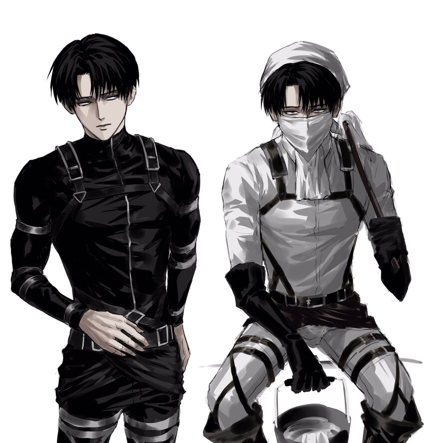 1boy arm_strap black_eyes black_hair bucket chest_strap curtained_hair duster highres holding levi_(shingeki_no_kyojin) male_focus mask mouth_mask paradis_military_uniform shingeki_no_kyojin shirt short_hair simple_background solo sso_s thigh_strap white_background