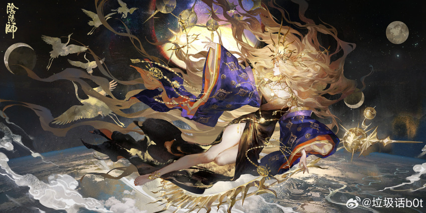 1girl absurdres amaterasu_(onmyoji) barefoot bird blonde_hair blue_kimono cloud crane_(animal) creamyghost earth_(planet) glowing headdress highres japanese_clothes kimono long_hair moon official_art onmyoji planet solo space star_(sky) sun watermark weibo_username weibo_watermark wide_sleeves