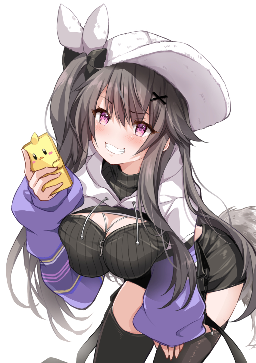 1girl azur_lane between_breasts black_skirt blush breasts commentary drawstring grey_hair grin hair_ornament hand_on_own_thigh hat highres holding holding_phone hood hood_down key large_breasts leaning_forward long_hair long_sleeves manjuu_(azur_lane) mikuchi3939 miniskirt official_alternate_costume one_side_up pamiat_merkuria_(azur_lane) pamiat_merkuria_(chic_and_cheeky)_(azur_lane) phone pink_eyes raised_eyebrow shrug_(clothing) simple_background skirt sleeves_past_wrists smartphone_case smile solo tail thighhighs thighs very_long_hair white_hat x_hair_ornament