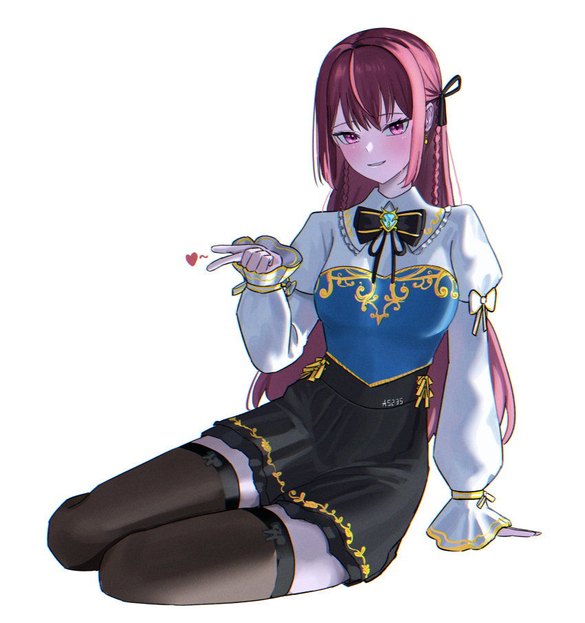 a5235 black_skirt blue_shirt brown_thighhighs dress_shirt hair_ribbon highres jururu long_hair multicolored_hair multicolored_shirt pink_eyes pink_hair pleated_skirt ribbon ribbon-trimmed_thighhighs ribbon_trim shirt skirt solo thighhighs virtual_youtuber waktaverse white_shirt wide_sleeves wing_collar