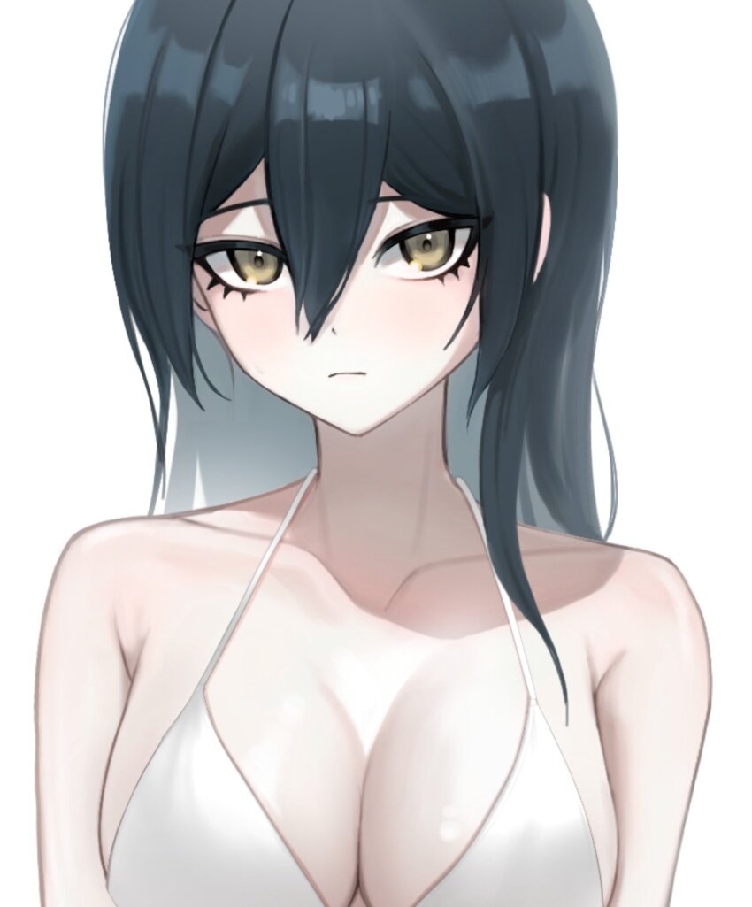 1girl bikini black_hair breasts brown_eyes closed_mouth collarbone danganronpa_(series) danganronpa_v3:_killing_harmony frown genderswap genderswap_(mtf) hair_between_eyes highres large_breasts long_hair looking_at_viewer nuns197 saihara_shuichi shiny_skin solo swimsuit upper_body white_bikini