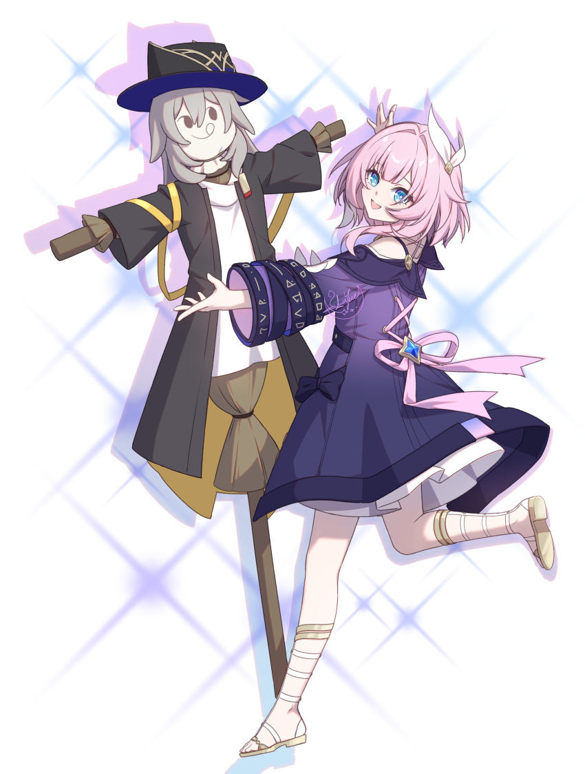 1girl :q absurdres artist_logo black_coat blue_eyes coat commentary cyrene_(honkai:_star_rail) gladiator_sandals grey_hair hair_ornament highres honkai:_star_rail honkai_(series) logo looking_at_viewer luyue objectification open_mouth outstretched_arms pink_hair purple_coat sandals scarecrow shirt signature smile solo stelle_(honkai:_star_rail) tongue tongue_out trailblazer&#039;s_hat_(honkai:_star_rail) trailblazer_(honkai:_star_rail) white_background white_shirt