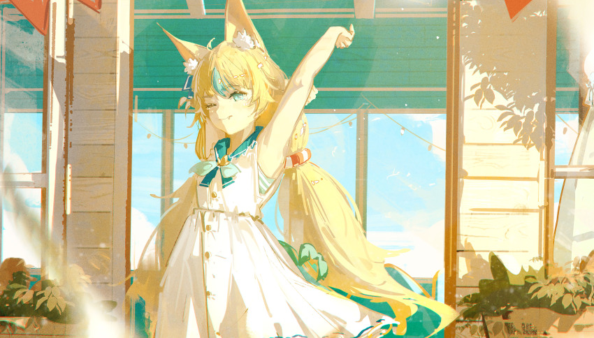 1girl ;) absurdres animal_ears arm_up blonde_hair blue_eyes blue_streaks cat_ears closed_mouth dress dudrinm highres indie_virtual_youtuber lifebuoy_hair_ornament long_hair low_twintails one_eye_closed sailor_dress sameko_saba smile solo stretching twintails virtual_youtuber white_dress