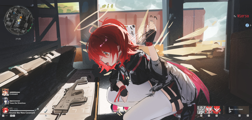 1girl arknights black_gloves black_jacket commentary_request detached_wings energy_wings exusiai_(arknights) exusiai_the_new_covenant_(arknights) fingerless_gloves from_side gameplay_mechanics gloves gun halo highres jacket one_side_up orange_eyes red_hair solo squatting submachine_gun thighhighs traditional_halo weapon white_halo white_thighhighs wiersa wings yellow_halo