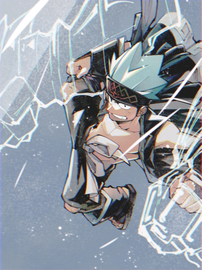 1boy blue_hair gauntlets grey_background grin hairband headband highres incoming_attack light_particles looking_at_viewer male_focus open_clothes open_shirt pants shaman_king short_hair smile spiked_hair takeuchi_(a3) topless_male usui_horokeu vest