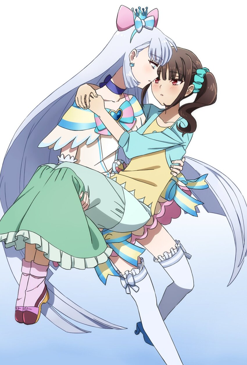 2girls blue_eyes bow brown_hair carrying crown cure_nyammy dress eye_contact gradient_background grey_hair hair_bow highres light_blush long_hair looking_at_another mini_crown multiple_girls nekoyashiki_mayu nekoyashiki_yuki oiun precure princess_carry red_eyes scrunchie shoes side_ponytail simple_background thighhighs very_long_hair wonderful_precure! yuri