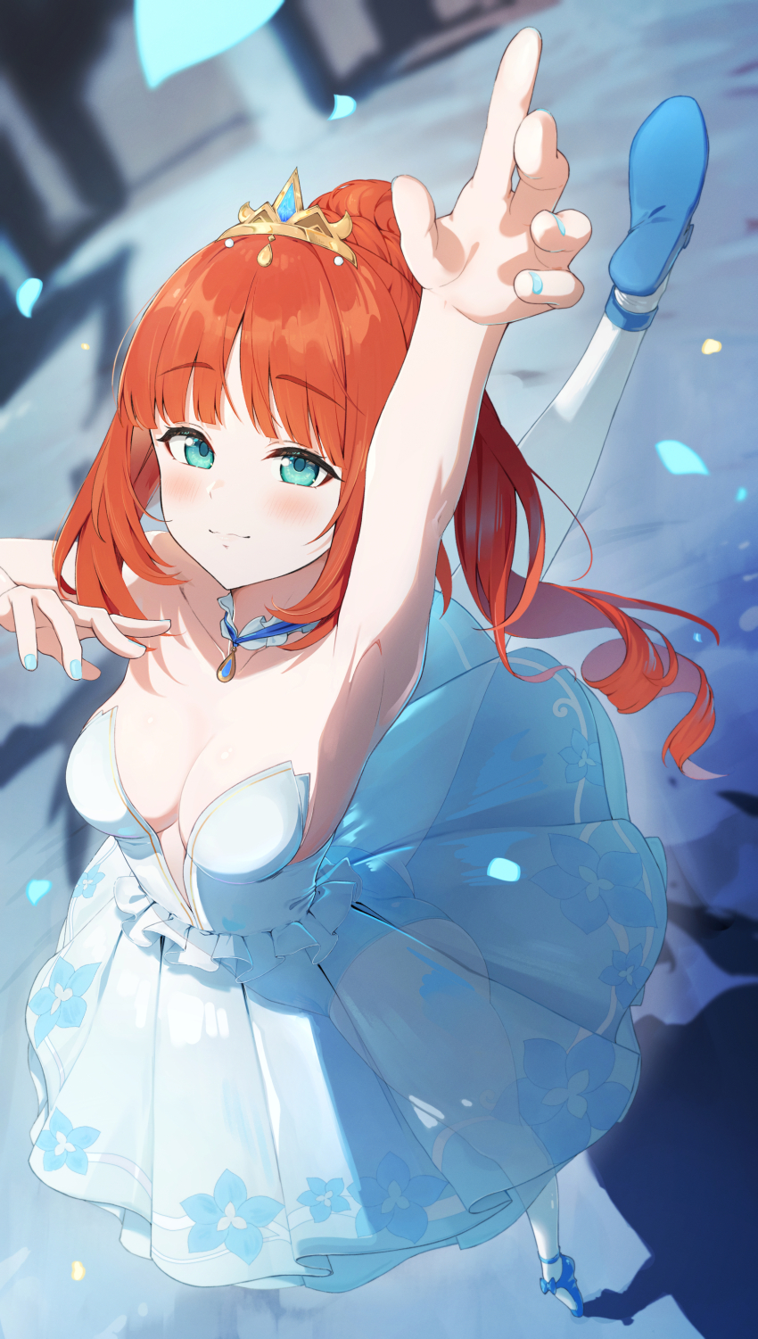 1girl absurdres alternate_costume alternate_hairstyle aqua_eyes arabesque_(pose) arm_up armpits athletic_leotard auui ballerina ballet ballet_dress ballet_slippers blue_footwear blush closed_mouth commentary_request dress falling_petals foreshortening genshin_impact highres leotard long_hair looking_at_viewer nilou_(genshin_impact) orange_hair pantyhose petals smile solo strapless strapless_dress tiara tutu white_dress white_pantyhose