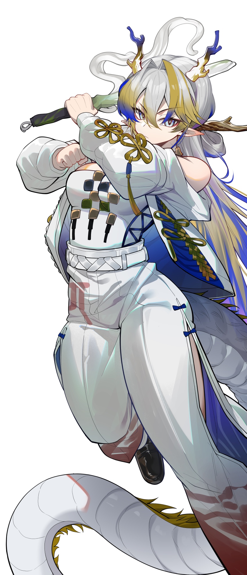 1girl absurdres arknights bare_shoulders belt blonde_hair blue_eyes blue_hair chinese_commentary closed_mouth commentary_request dragon_girl dragon_horns dragon_tail eyeliner flashsunder foot_out_of_frame grey_hair hair_between_eyes hair_intakes highres holding holding_sword holding_weapon horns jacket long_hair long_sleeves looking_at_viewer makeup multicolored_hair pants pointy_ears red_eyeliner shu_(arknights) side_slit simple_background solo strapless sword tail tube_top weapon white_background white_belt white_jacket white_pants white_tube_top