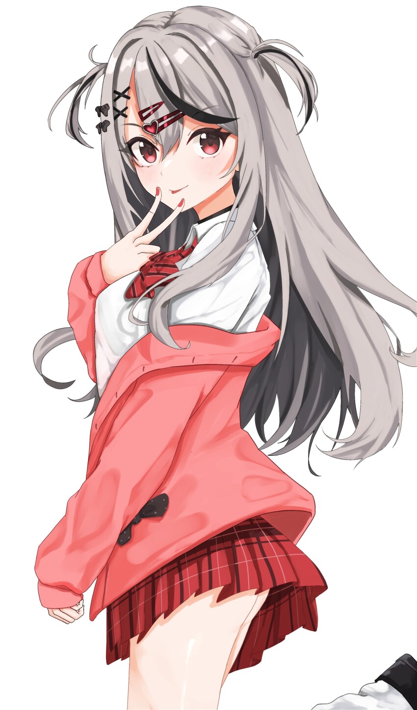 1girl absurdres beguzemu0728 black_choker black_hair cardigan choker closed_mouth grey_hair hair_ornament hairpin highres hololive long_hair looking_at_viewer multicolored_hair nail_polish official_alternate_costume official_alternate_hairstyle pink_cardigan red_eyes red_nails red_skirt sakamata_chloe sakamata_chloe_(gyarumata) shirt skirt solo streaked_hair tongue tongue_out two_side_up v v_over_mouth virtual_youtuber white_shirt x_hair_ornament