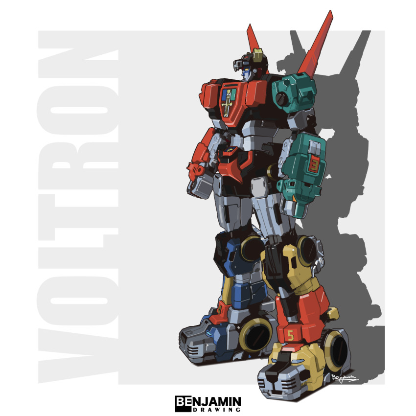 benjamin_(user_scjv3278) character_name golion_(mecha) highres hyakujuu-ou_golion machinery mecha mecha_focus no_humans robot science_fiction shadow signature super_robot lion_voltron voltron_(series)