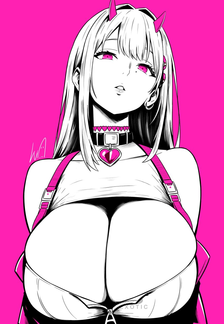 absurdres bra breast_zipper breasts cleavage collar commentary goddess_of_victory:_nikke hair_ornament heart_collar highres horns huge_breasts jacket lips long_hair looking_at_viewer lughost open_clothes open_jacket open_mouth pink_background pink_eyes pink_horns skindentation snake_hair_ornament teeth underwear upper_body viper_(nikke)