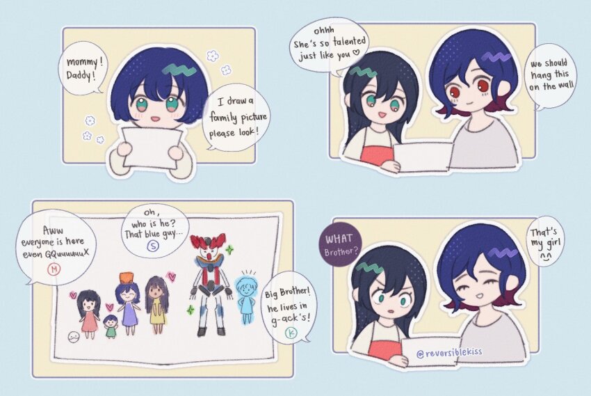 1boy 2girls amate_yuzuriha amuro_ray aqua_eyes artist_name black_hair blue_hair blush child child&#039;s_drawing closed_eyes colored_inner_hair commentary conch_(gundam) english_text family father_and_daughter gquuuuuux gundam gundam_gquuuuuux haro heart if_they_mated mother_and_daughter multicolored_hair multiple_girls nyaan_(gundam_gquuuuuux) open_mouth purple_hair red_eyes reversiblekiss shirt short_hair shuji_ito smile speech_bubble spoken_heart twitter_username two-tone_hair white_shirt wide-eyed
