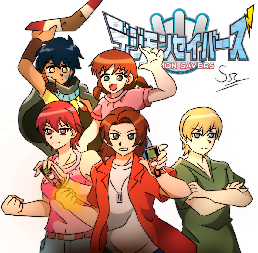 2girls 3boys daimon_chika daimon_masaru_(digimon_savers) digimon digimon_savers fujieda_yoshino green_eyes long_hair multiple_boys multiple_girls noguchi_ikuto open_mouth pink_eyes pink_hair short_hair smile thoma_h._norstein yellow_eyes