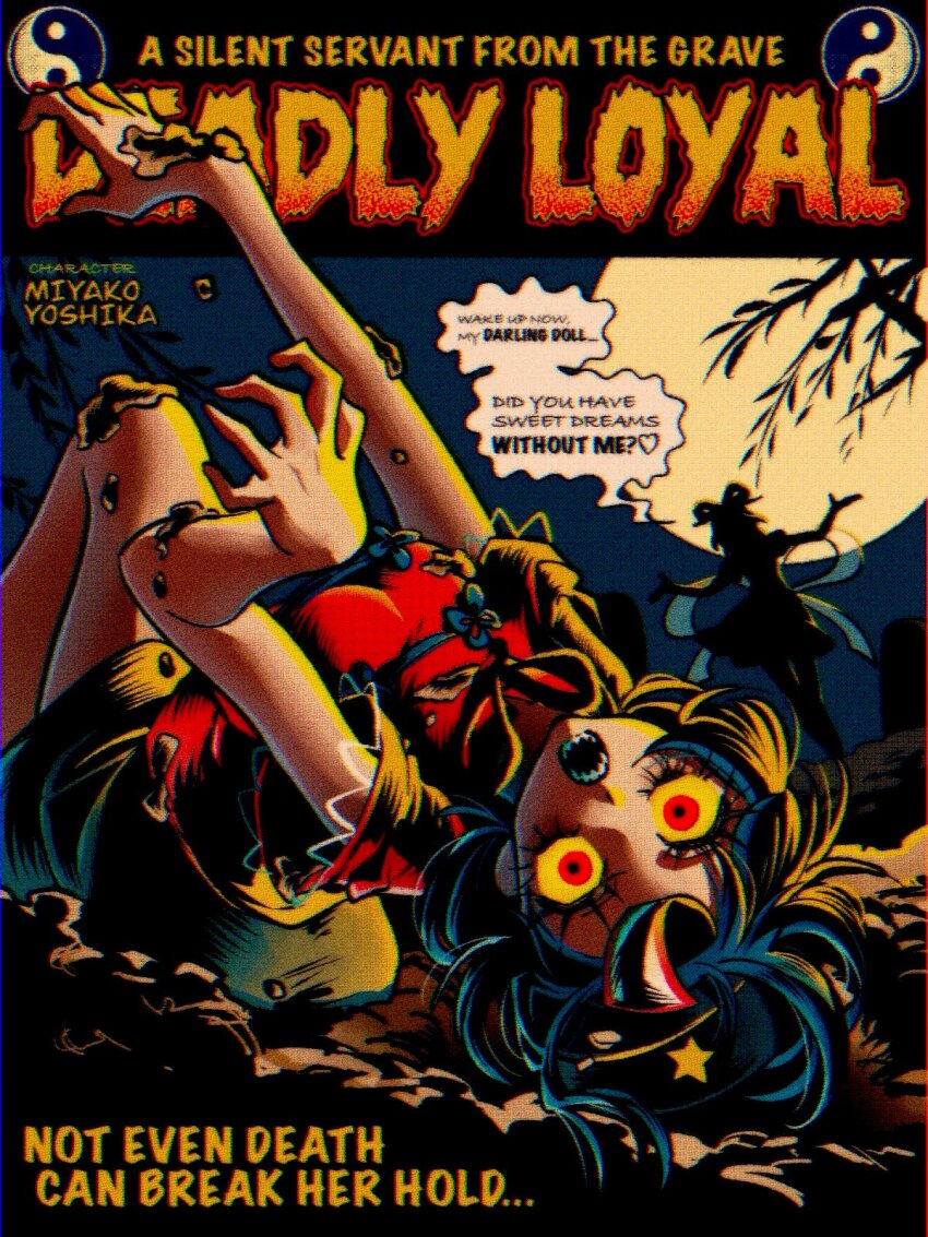2girls black_ribbon black_skirt blue_hair blue_sky breasts character_name chinese_clothes colored_sclera commentary cover dirt english_commentary english_text fake_cover feet_out_of_frame full_moon graveyard hat hat_ornament highres jiangshi kaku_seiga looking_at_viewer lying medium_breasts mememedama10 miyako_yoshika moon multiple_girls neck_ribbon newsboy_cap night ofuda on_back on_ground open_mouth outdoors red_eyes red_shirt ribbon sharp_teeth shirt short_hair short_sleeves skirt sky star_(symbol) star_hat_ornament tangzhuang teeth touhou upside-down yellow_sclera yin_yang