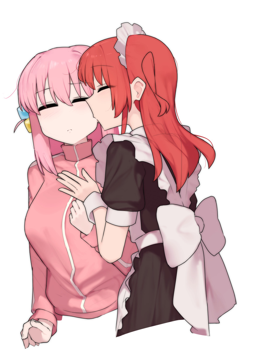 2girls absurdres apron black_dress bocchi_the_rock! closed_eyes closed_mouth commentary cube_hair_ornament dress finerain gotoh_hitori hair_ornament hand_on_another&#039;s_chest highres jacket kiss kissing_cheek kita_ikuyo maid maid_apron maid_headdress multiple_girls one_side_up pink_hair pink_jacket red_hair simple_background track_jacket white_apron white_background white_headdress yuri
