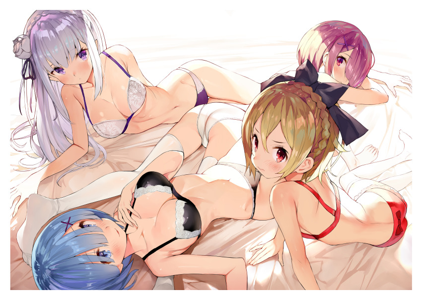 4girls absurdres arm_support ass barefoot bed_sheet black_bow black_bra blonde_hair bloom blue_eyes blue_hair blush bow bra braid breasts cleavage closed_mouth crown_braid emilia_(re:zero) felt_(re:zero) female_focus gaou_(umaiyo_puyoman) hair_bow hair_ribbon headdress highres large_breasts light lingerie long_hair looking_at_viewer lying matching_hair/eyes medium_breasts multiple_girls navel on_back on_side on_stomach panties pink_eyes pink_hair purple_eyes purple_panties ram_(re:zero) re:zero_kara_hajimeru_isekai_seikatsu red_bra red_eyes red_panties rem_(re:zero) ribbon shade short_hair sidelocks silver_hair thighhighs thighs underwear underwear_only white_bra white_legwear white_panties