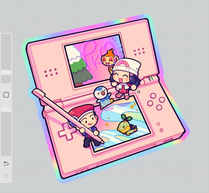 &gt;_&lt; 1boy 1girl :d :q ^_^ art_program_in_frame beanie beret bird chibi chibi_only chimchar closed_eyes commentary dawn_(pokemon) english_commentary fangs gen_4_pokemon grey_background handheld_game_console hat highres holding holding_stylus lucas_(pokemon) nintendo nintendo_ds open_mouth penguin piplup poke_ball_print pokemon pokemon_(creature) pokemon_dppt pokemon_platinum print_hat scarf smile solid_oval_eyes sparkle starter_pokemon_trio stylus submashell tongue tongue_out turtwig white_hat white_scarf