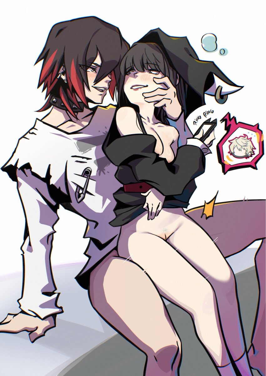 1boy 1girl anal black_choker black_hair black_hoodie blush breasts character_request choker collarbone commentary hair_between_eyes hetero highres hood hoodie implied_sex kanade_rindo looking_at_another medium_breasts motion_lines netorare pussy red_hair red_lips sakurane_shoka shin_subarashiki_kono_sekai shirt sitting smile spaghetto087 studded_choker subarashiki_kono_sekai white_shirt
