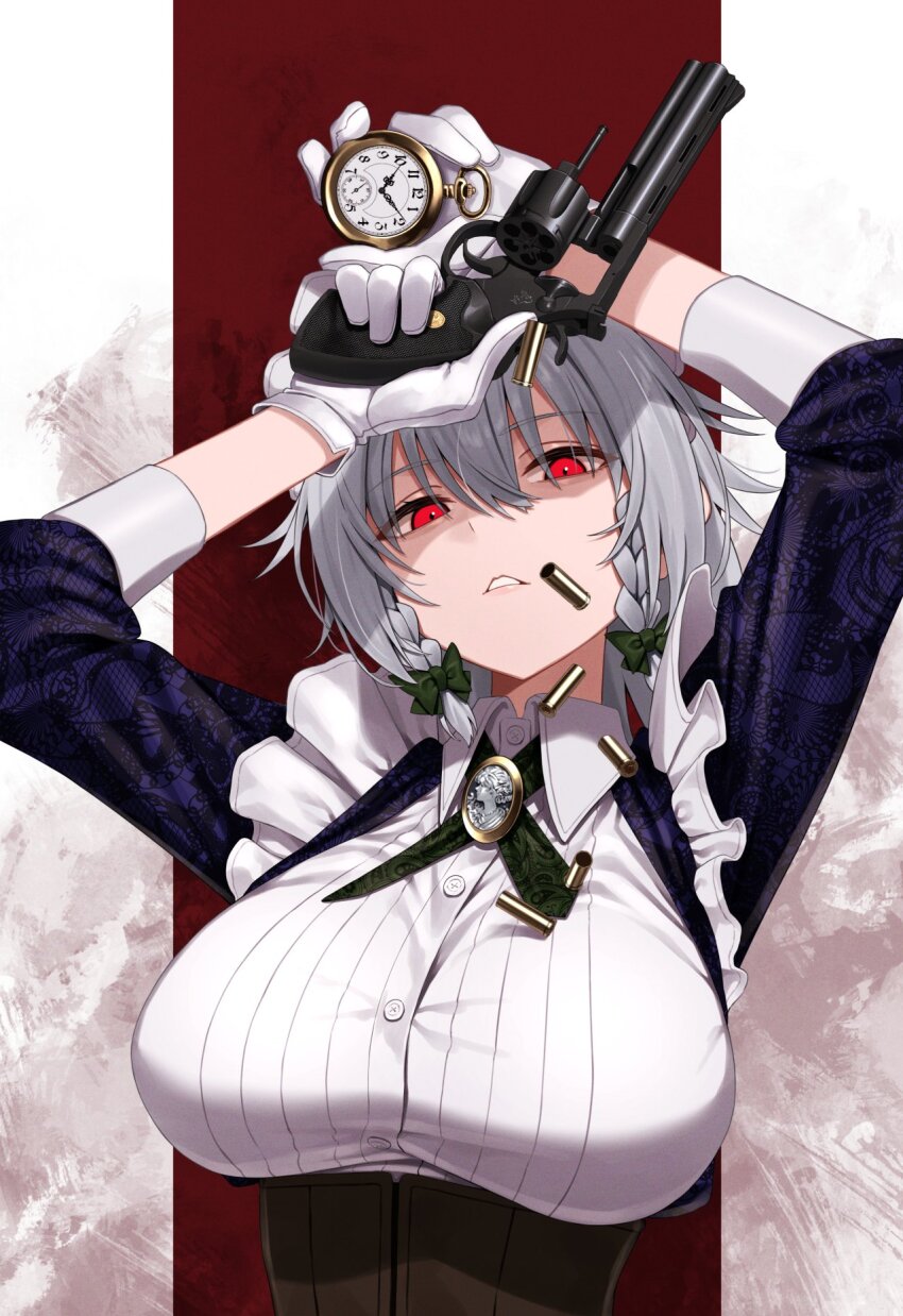 1girl blue_sleeves bow braid breasts brown_corset collared_shirt corset gloves green_bow greenkohgen grey_hair gun hair_bow handgun highres holding holding_gun holding_weapon izayoi_sakuya lace lace_sleeves pocket_watch red_eyes revolver shell_casing shirt short_hair solo touhou twin_braids watch weapon white_gloves white_shirt