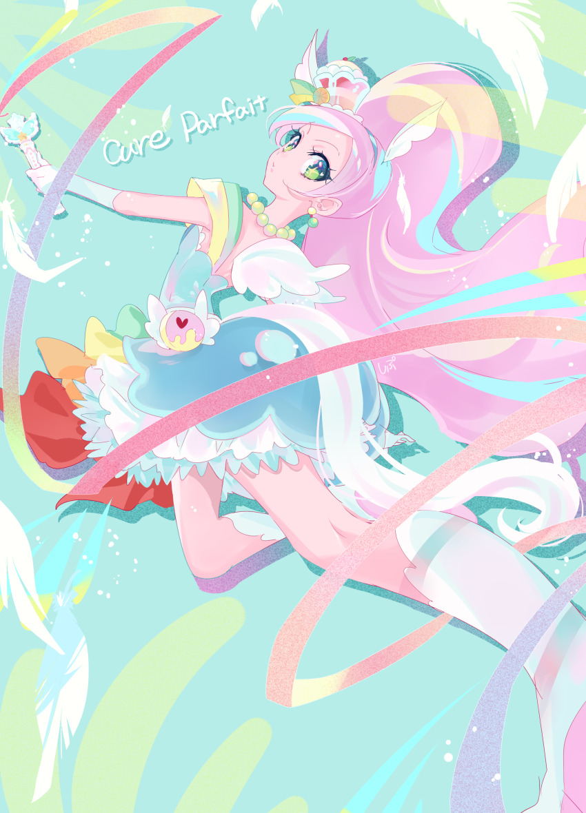1girl absurdres animal_ears bead_necklace beads blue_dress blue_hair blue_hairband boots character_name cure_parfait dress earrings expressionless eyelashes feathers floating_hair food food-themed_hair_ornament full_body gloves green_background green_eyes hair_ornament hairband high_ponytail highres holding holding_wand horse_ears horse_girl horse_tail jewelry kirahoshi_ciel kirakira_precure_a_la_mode knee_boots lace lace-trimmed_skirt lace_trim light_particles long_hair magical_girl miniskirt multicolored_hair necklace o3o outstretched_arm palm_leaf parfait parted_lips pegasus_wings pink_hair ponytail precure rainbow_gradient ribbon shadow shipu_(gassyumaron) short_dress skirt skirt_under_dress solo sphere_earrings square_neckline streaked_hair tail tareme two-tone_hair very_long_hair wand white_boots white_gloves white_skirt white_wings wings