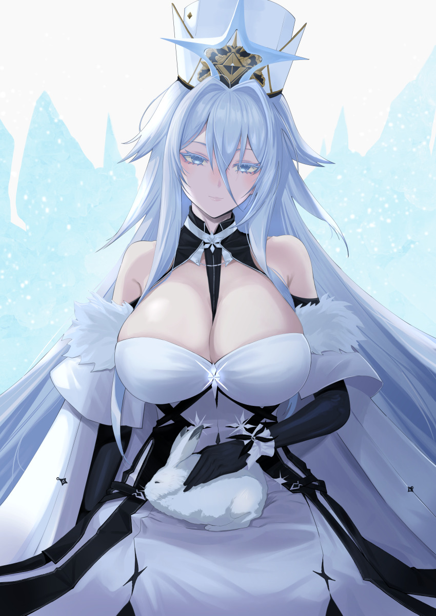 1girl absurdres azur_lane between_breasts black_gloves blue_eyes blue_hair breasts cleavage coat_dress colored_eyelashes detached_sleeves dress fur_hat gloves hat highres huge_breasts light_blue_hair long_bangs long_hair military_hat necktie necktie_between_breasts papakha rabbit sankyo_(821-scoville) sitting solo sovetsky_soyuz_(azur_lane) very_long_hair white_hat white_rabbit_(animal)
