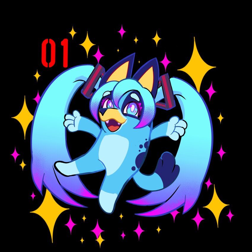 1girl aqua_hair bean_hunterr blue_eyes bluey bluey_heeler cosplay dog dog_girl furry furry_female hatsune_miku hatsune_miku_(cosplay) highres long_hair looking_at_viewer open_mouth parody smile solo sparkle tail twintails very_long_hair