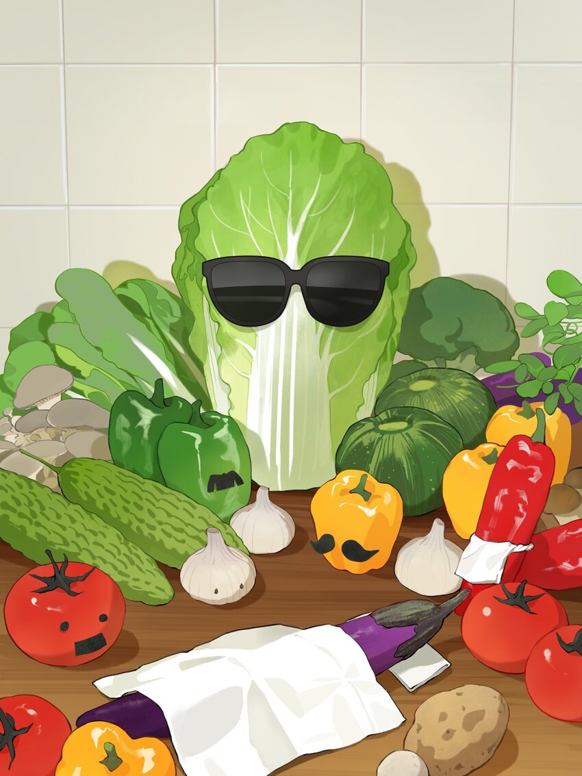 broccoli cabbage cucumber food food_focus highres mushroom no_humans potato red_pepper salad sq_(series) sunglasses tanjiu tile_wall tiles tomato vegetable yellow_pepper