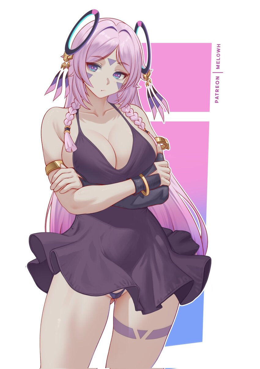 1girl armlet artist_name asymmetrical_sleeves bare_shoulders blue_eyes bracelet braid breasts citlali_(genshin_impact) cleavage closed_mouth collarbone commentary crossed_arms dress facial_mark feathers floating_headgear forehead_mark genshin_impact gluteal_fold hair_intakes headgear highres jewelry large_breasts long_hair melowh panties patreon_username pink_background pink_feathers pink_hair pink_pupils pout purple_dress purple_feathers purple_panties purple_sleeves ring_hair_ornament solo thigh_marking thighs triangle triangle_facial_mark underwear uneven_sleeves white_background