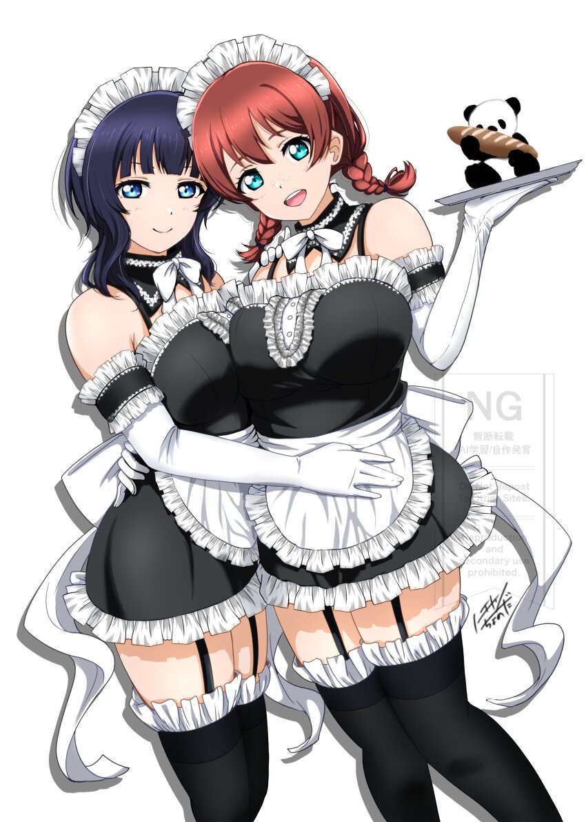 2girls :d absurdres alternate_costume apron aqua_eyes asaka_karin bare_shoulders black_dress black_thighhighs blue_eyes blue_hair blunt_bangs braid breasts brown_hair closed_mouth commentary detached_collar dress emma_verde enmaided feet_out_of_frame frilled_apron frilled_dress frills garter_straps highres holding holding_tray large_breasts looking_at_viewer love_live! love_live!_nijigasaki_high_school_idol_club low_twin_braids maid maid_headdress medium_hair multiple_girls noochan_chonoda open_mouth short_dress simple_background sleeveless sleeveless_dress smile split_mouth standing stuffed_animal stuffed_panda stuffed_toy thighhighs tray twin_braids waist_apron white_apron white_background