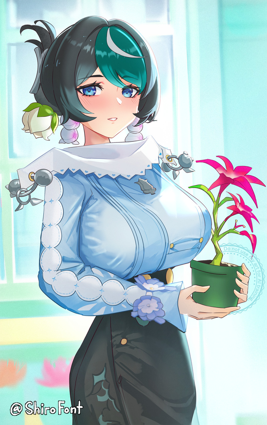 1girl black_hair black_skirt blue_eyes blue_hair blue_shirt blush breasts earrings flower flower_earrings half_updo high-waist_skirt highres jewelry large_breasts long_skirt long_sleeves looking_at_viewer mature_female medium_hair multicolored_hair off_shoulder orchidea_(zenless_zone_zero) parted_lips plant potted_plant shiro_font shirt skirt solo streaked_hair zenless_zone_zero