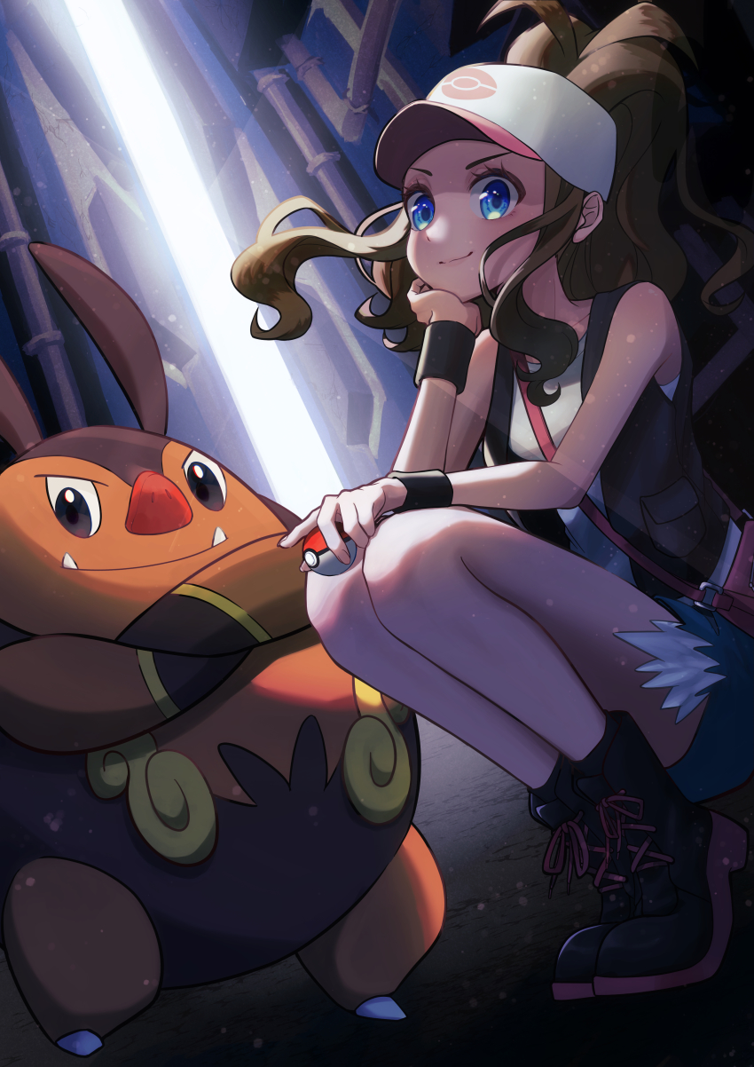 1girl absurdres bare_legs baseball_cap black_vest blue_eyes breasts brown_hair crossed_arms denim denim_shorts fang gen_3_pokemon grumpig hat high_ponytail highres hilda_(pokemon) holding holding_poke_ball long_hair looking_at_viewer nintendo poke_ball pokemon pokemon_bw ponytail shima_koushi shirt short_shorts shorts sidelocks simple_background sitting smile thighs very_long_hair vest white_shirt wristband