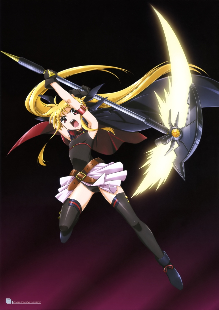 10s 1girl absurdres bardiche_(nanoha) bardiche_(scythe_form)_(nanoha) black_ribbon black_thighhighs blonde_hair brown_eyes fate_testarossa fate_testarossa_(movie_1st_form) female_focus full_body gloves hair_ribbon highres holding holding_weapon long_hair lyrical_nanoha mahou_shoujo_lyrical_nanoha mahou_shoujo_lyrical_nanoha_the_movie_1st open_mouth pleated_skirt red_eyes ribbon skirt solo thighhighs twintails very_long_hair weapon white_skirt