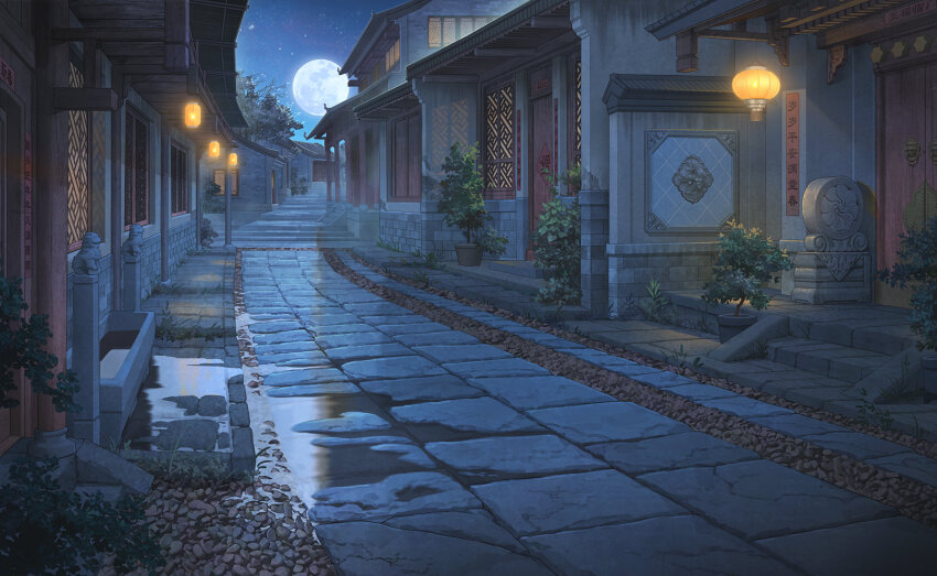 architecture east_asian_architecture full_moon game_cg hanxiaodan highres house lantern lovebrush_chronicles moon night no_humans official_art outdoors paper_lantern pavement pebble plant potted_plant puddle road scenery sky stairs star_(sky) starry_sky statue street town tree