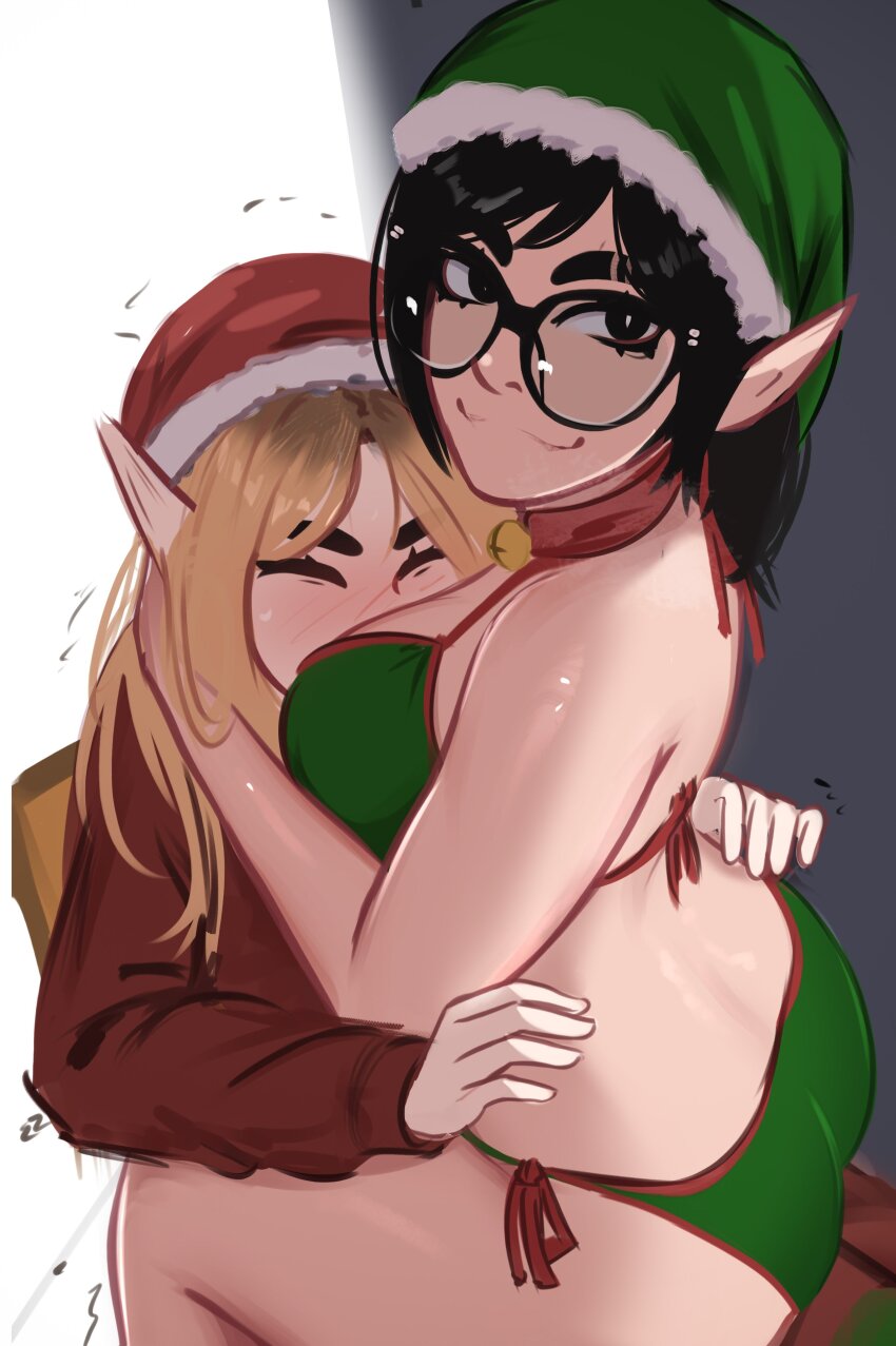 2girls absurdres ass back bell between_breasts bikini black_eyes black_hair blonde_hair blush breast_smother breasts chair embarrassed face_between_breasts face_to_breasts glasses green_bikini hat head_between_breasts highres jessie_(veyonis) large_breasts long_hair looking_at_viewer looking_back multiple_girls neck_bell original pointy_ears ponytail red_sweater rosen_(veyonis) santa_hat sitting sitting_on_lap sitting_on_person smile smother smug straddling sweat sweater swimsuit thighs trembling upright_straddle veyonis yuri