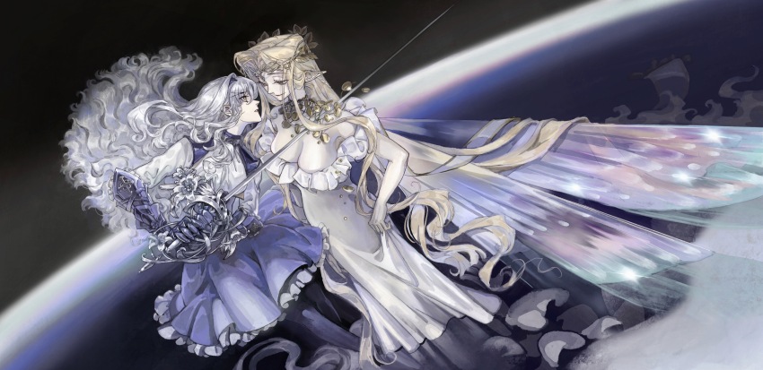 2girls absurdres aurora_(fate) bare_shoulders black_background blonde_hair blue_dress breasts broken cleavage corsage crown dress face-to-face fairy fairy_wings fate/grand_order fate_(series) floating_hair forked_eyebrows frills gan&#039;yugu gauntlets high_collar highres holding holding_sword holding_weapon jewelry large_breasts long_hair looking_at_another melusine_(fate) melusine_(second_ascension)_(fate) multiple_girls necklace off-shoulder_dress off_shoulder parted_lips pointy_ears purple_eyes skirt_hold small_breasts smile sword two-tone_dress very_long_hair wading water wavy_hair weapon white_dress white_hair wings yellow_eyes